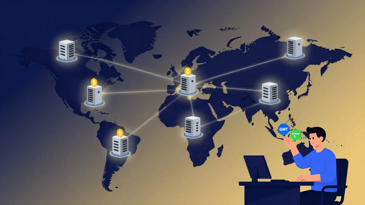 Global map with data centers connected to digital miners, one emitting Bitcoin coins into a wallet while tokens are traded.