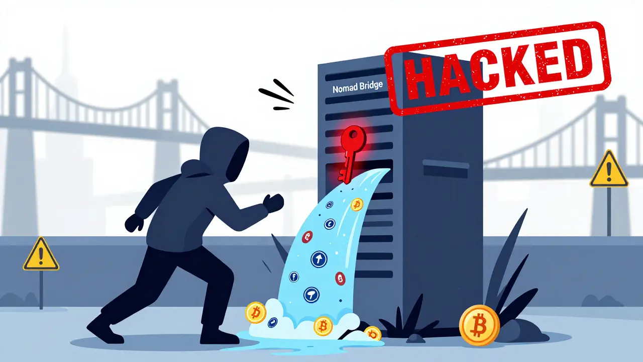 Hacker stealing tokens from a central validator node with warning signs and collapsing bridges