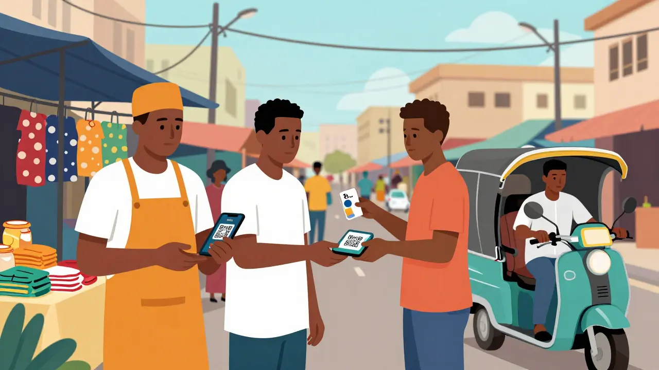 Lagos market vendors accept crypto payments via QR codes for goods and services.