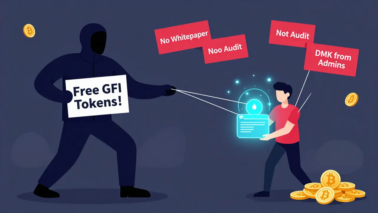 Scammer controlling a user connecting wallet to malicious contract, surrounded by red flags of fraud