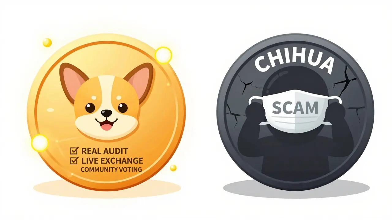 Side-by-side comparison of a real HUAHUA token with a dog mascot and verified features versus a crumbling CHIHUA scam token.