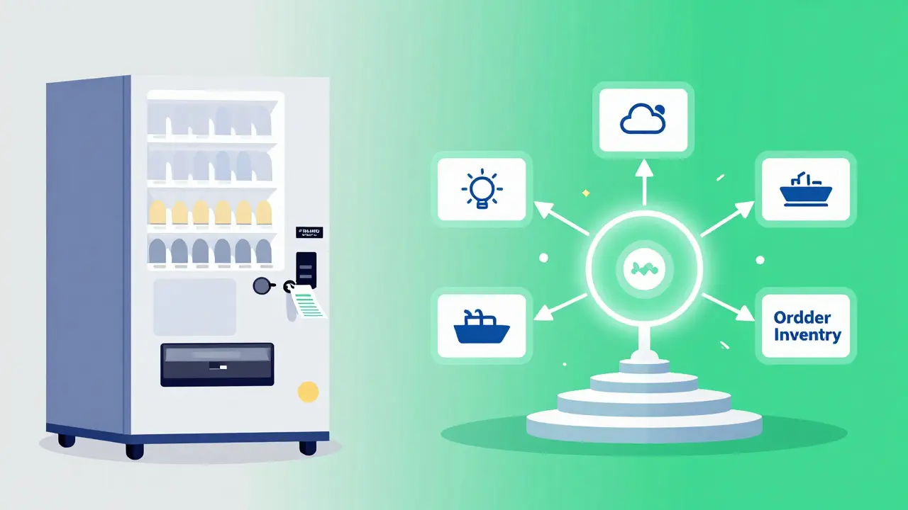 Side-by-side comparison: rigid vending machine vs. dynamic AI contract hub processing real-time inputs.