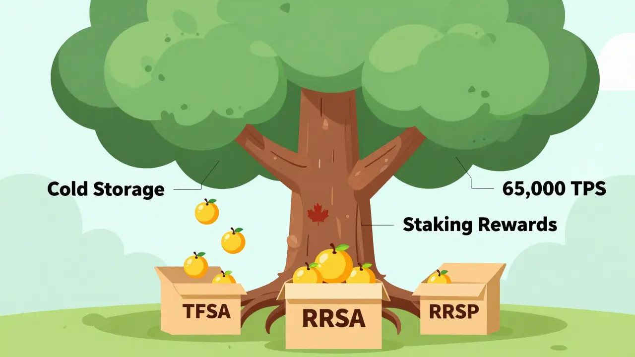 Solana blockchain tree with staking rewards falling into TFSA and RRSP boxes.