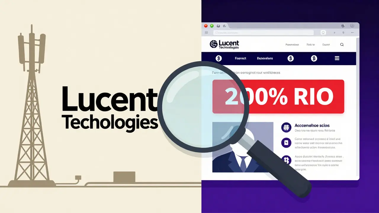 Split illustration comparing 1990s Lucent Technologies to a modern fake crypto scam site with no connection.