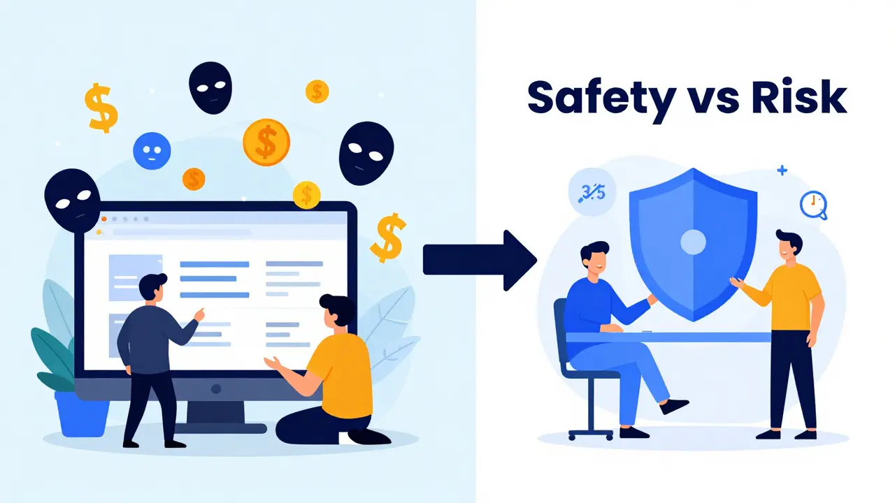 Split scene comparing chaotic no-KYC exchange with safe, regulated KYC platform.