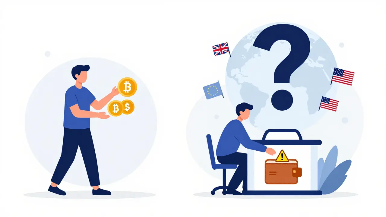 Split scene: one side shows safe crypto use for charity, the other shows a frozen wallet under global scrutiny.