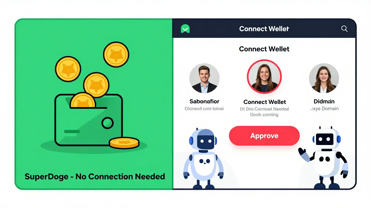 Split-screen comparison: legitimate DOGE airdrop vs. scam website with fake claims and wallet connection prompts.