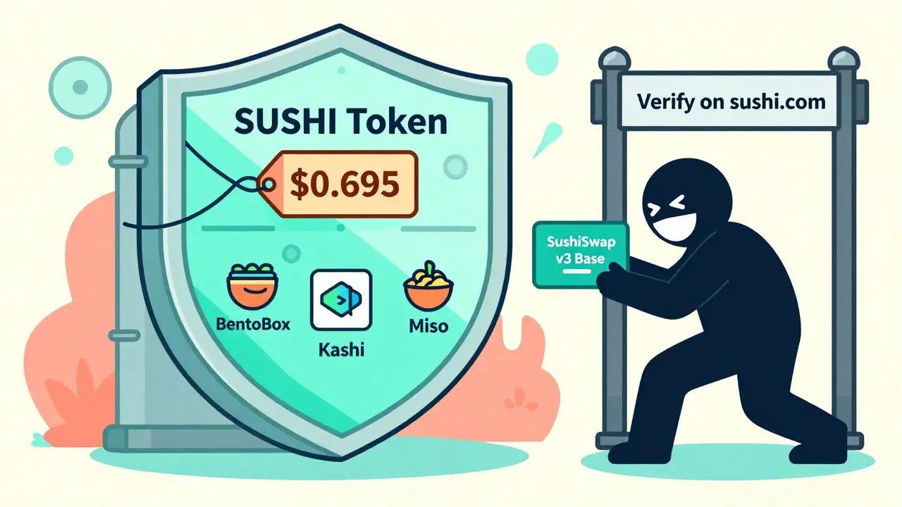 SUSHI token vault protected by a verify gate, blocking a fake contract with BentoBox and Kashi icons nearby.