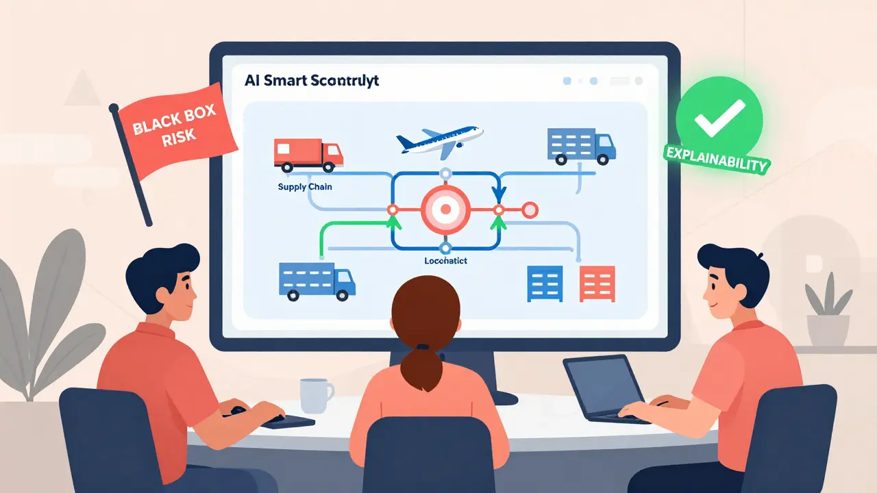 Team watching an AI smart contract adjust supply chain routes in real time on a transparent screen.