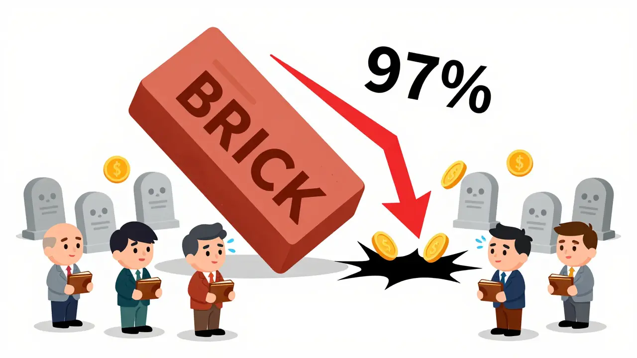 Tiny investors watch a giant BRICK token crash with a 97% drop arrow, surrounded by tombstones of dead meme coins.