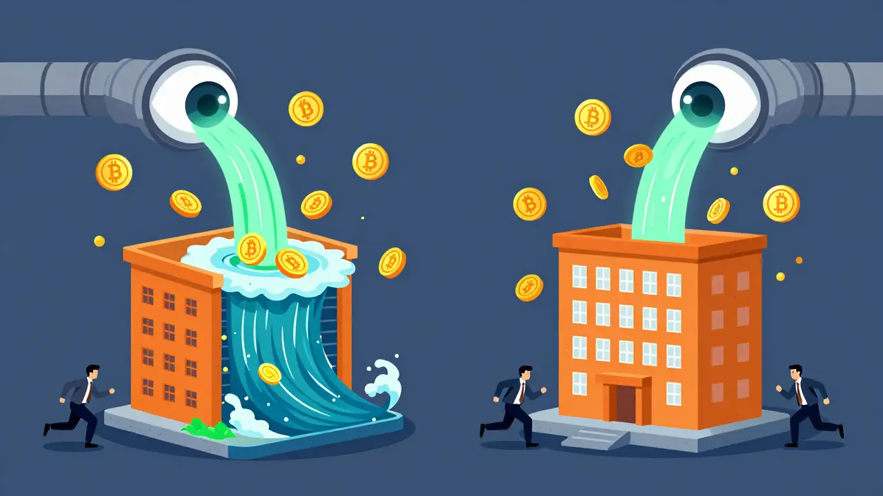 Two exchanges pump crypto into DeFi whirlpools while AI eyes monitor the flow, illustrating sanctions evasion in flat illustration style.
