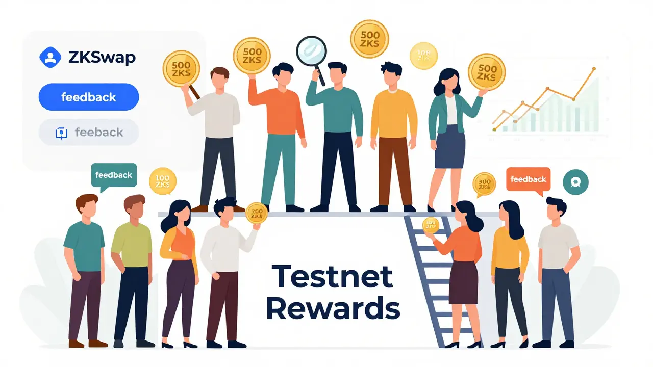 Two groups of users receiving ZKS tokens for testnet feedback, one with bug reports, one with basic tasks