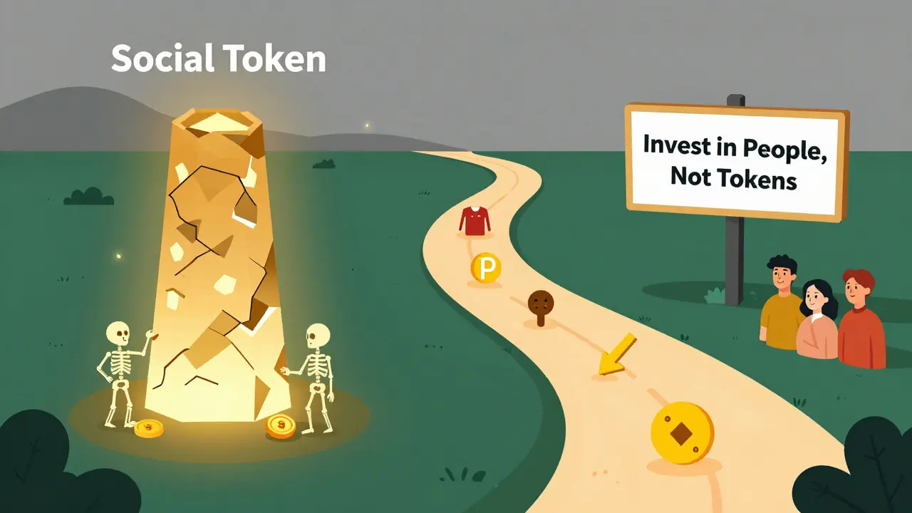 Two paths: one leading to a collapsed token tower, the other to supportive fan and creator connection.