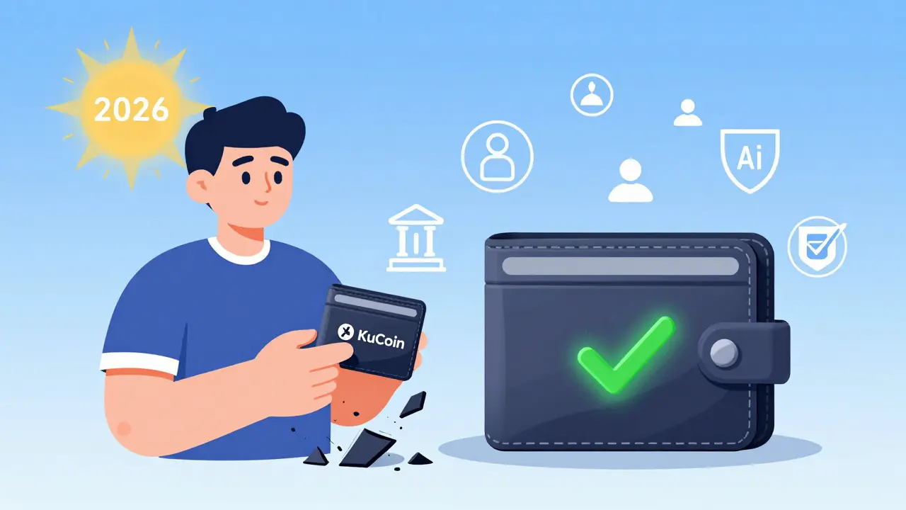 User watching old crypto wallet crumble while new secure wallet glows with support icons.