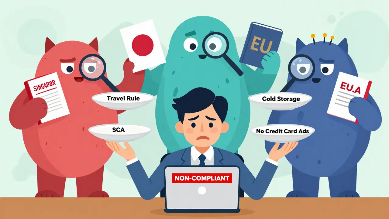 A crypto operator juggling compliance demands while regulatory monsters watch with rulebooks, labeled Travel Rule, SCA, Cold Storage, and No Credit Card Ads.