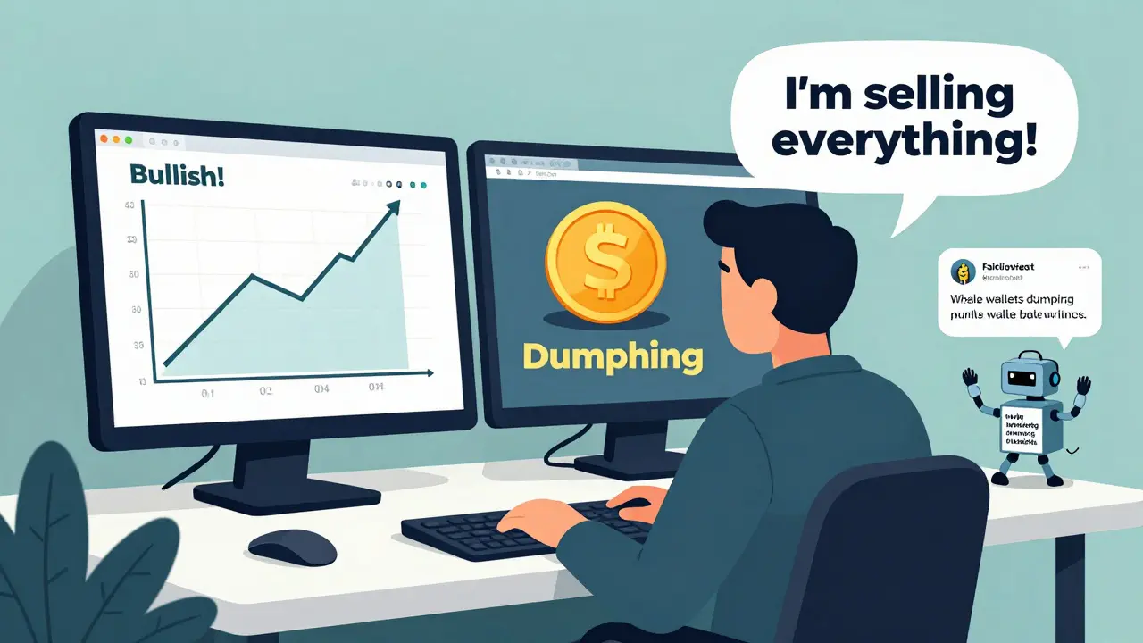 A trader comparing fake bullish sentiment on screen with real whale coin dumps.