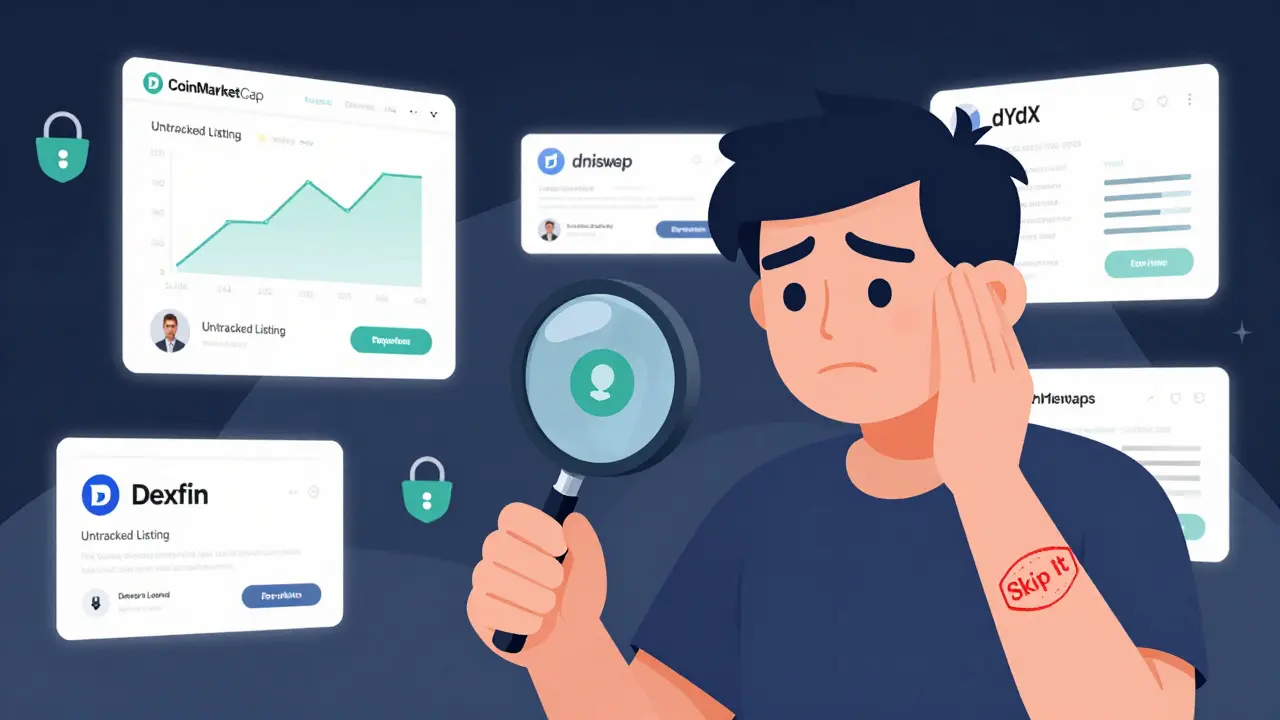 A trader examining a 'Untracked Listing' for Dexfin while major DEXs glow with activity behind them.