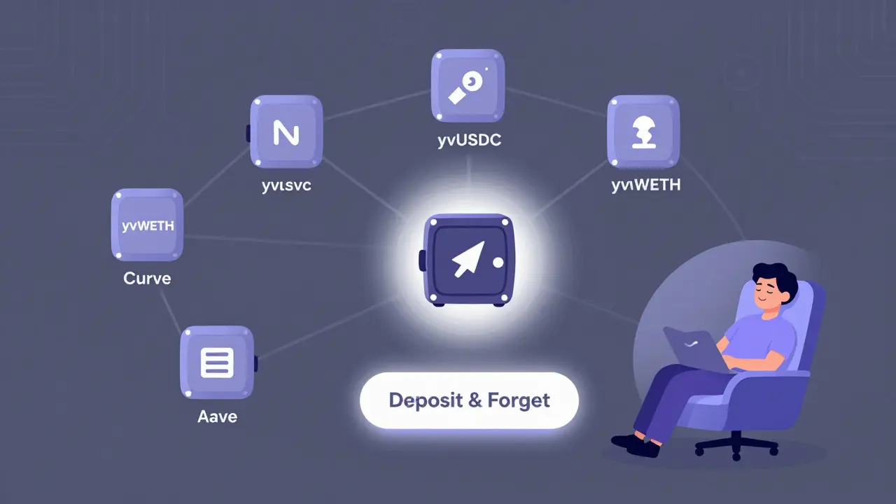 A user sleeps peacefully beside a simple deposit button, with automated vaults floating in a digital interface.
