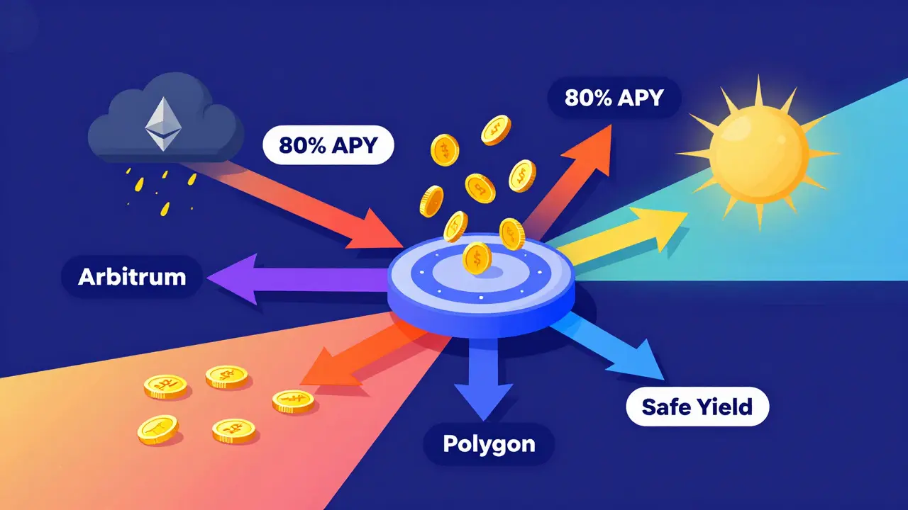 Beefy Finance connects multiple blockchains with reward coins, one path leads to a stormy high-yield risk zone.
