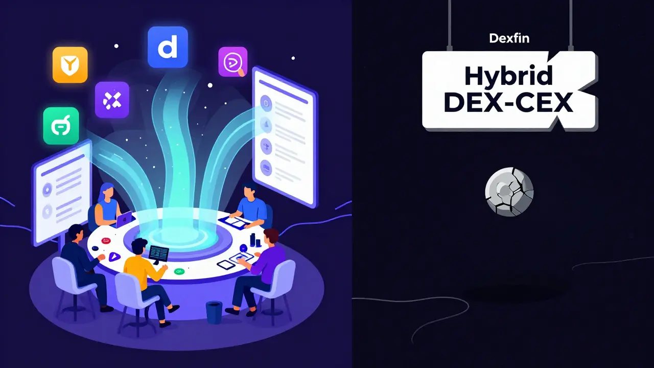 Contrasting vibrant, active DeFi platforms on one side with a dark, silent void labeled Dexfin on the other.