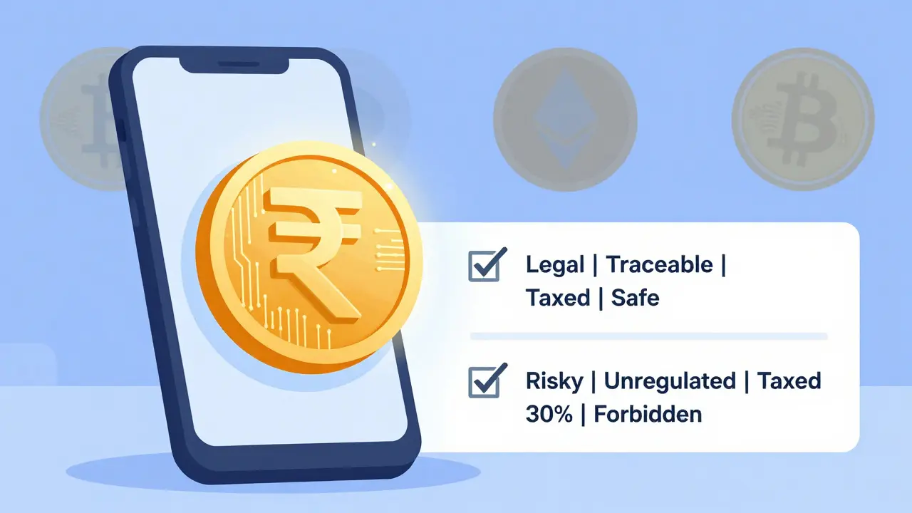 Digital Rupee shines as crypto icons fade, with legal vs risky comparison