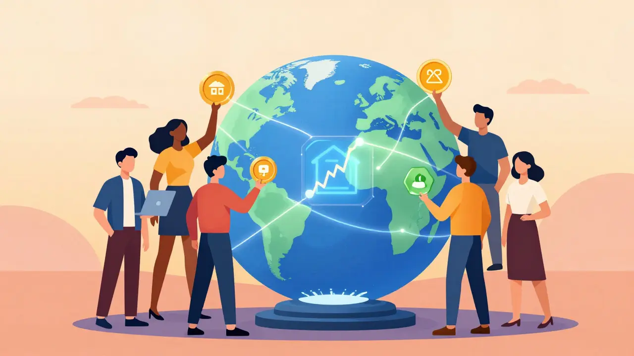 Diverse group holding different tokenized assets connected to a central blockchain globe.