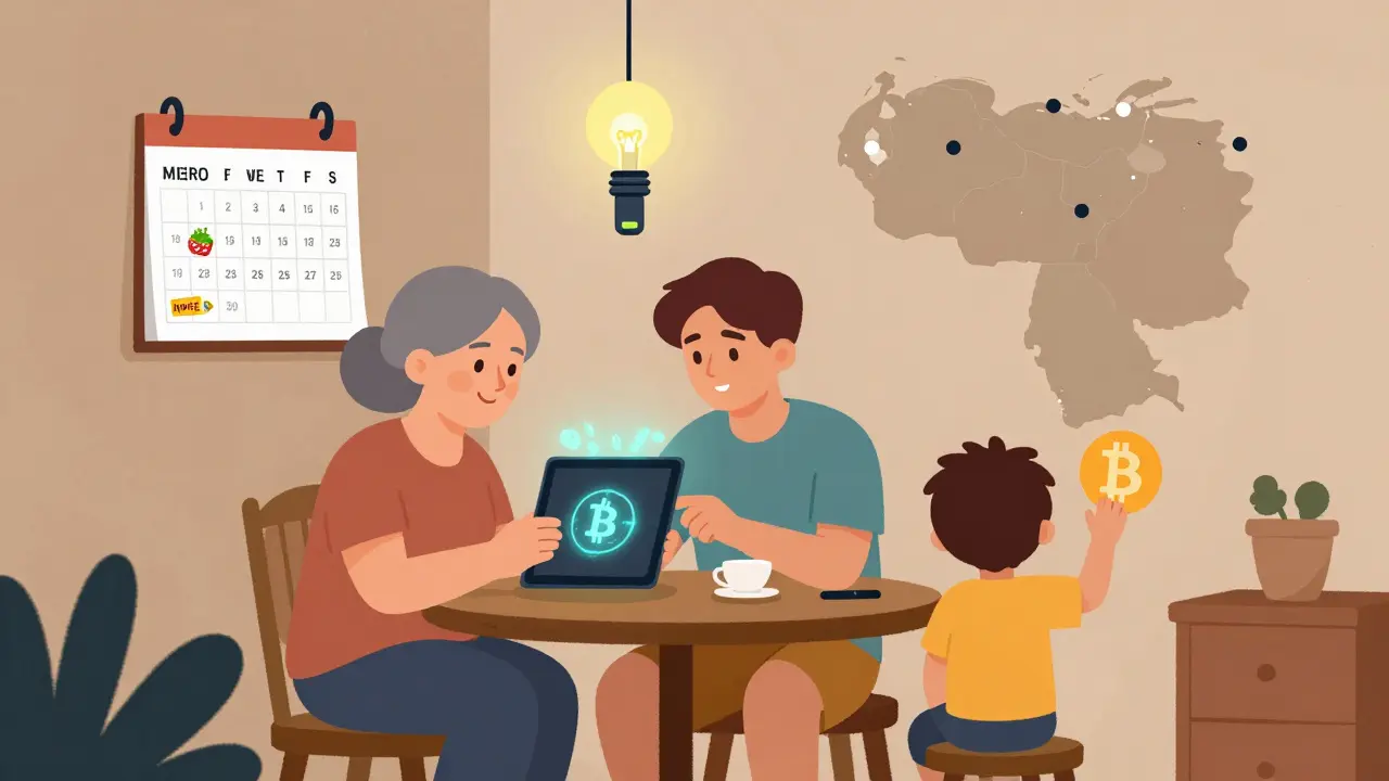 Family learning crypto savings together, with a Bitcoin drawing on the wall and portable power.