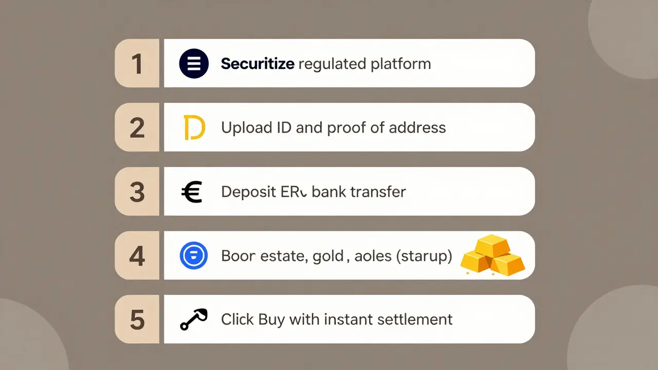 Five-step illustrated checklist for investing in security tokens with platform logos and asset icons.