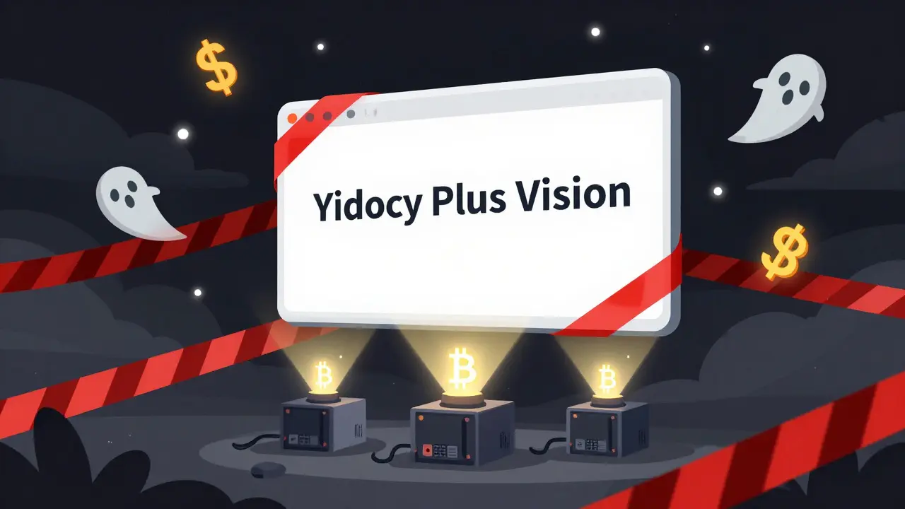 Floating PowerPoint slide of Yidocy Plus drifting away as real mining hardware operates below.