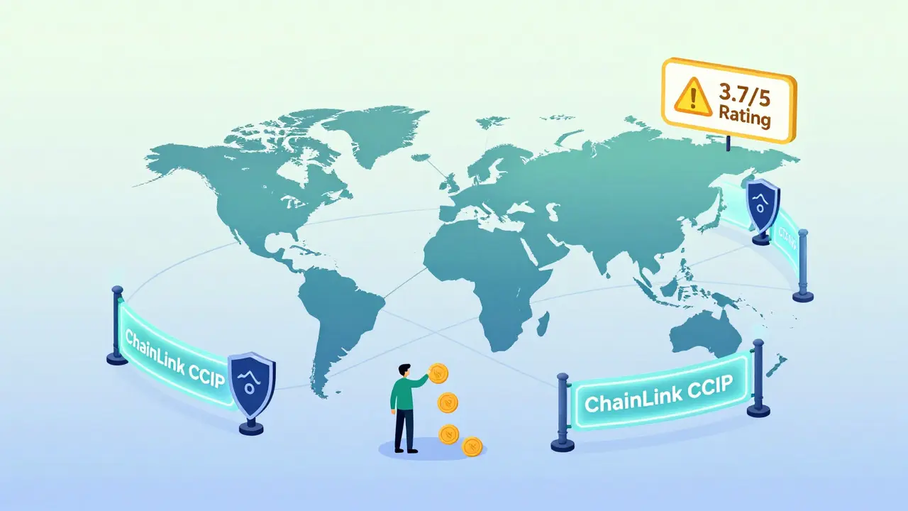 Global blockchain network with security shields and a token moving instantly between chains in flat illustration.