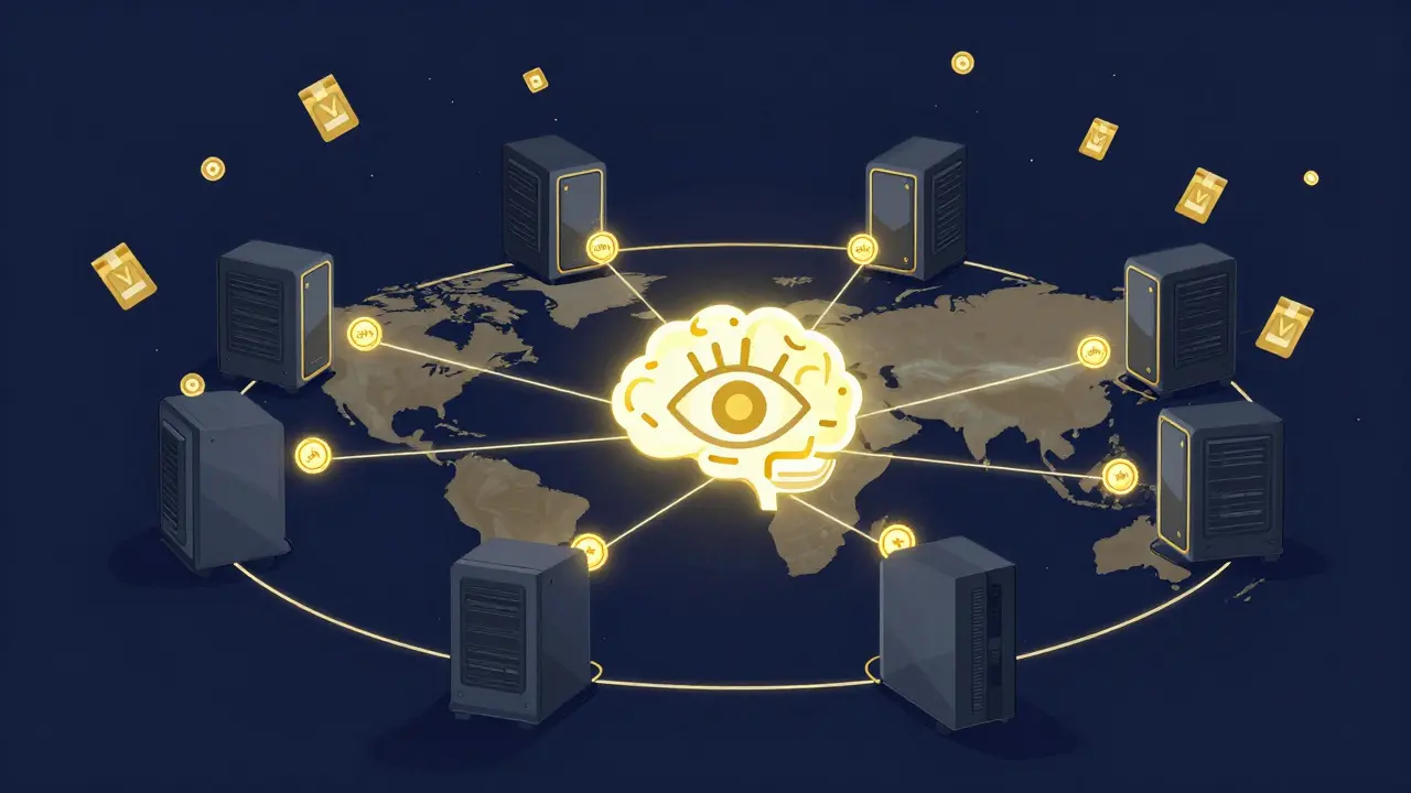 Global network of PCs feeding GHX tokens to an AI brain, with digital rewards raining down.