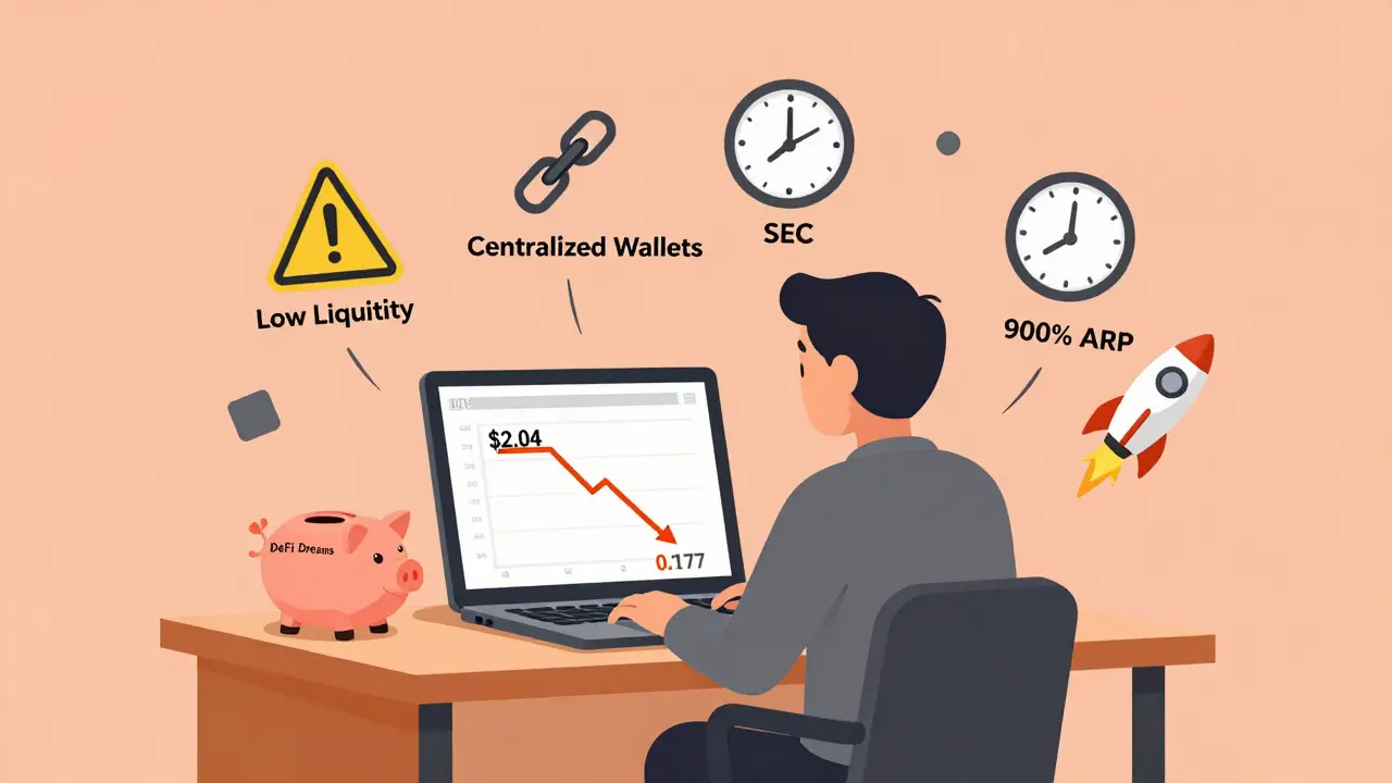 Investor watching OCH token price crash with risk icons floating around a broken piggy bank.