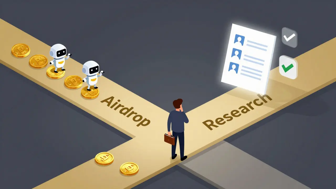 Person at crossroads between fake airdrop path and research path, holding wallet, symbolic icons.