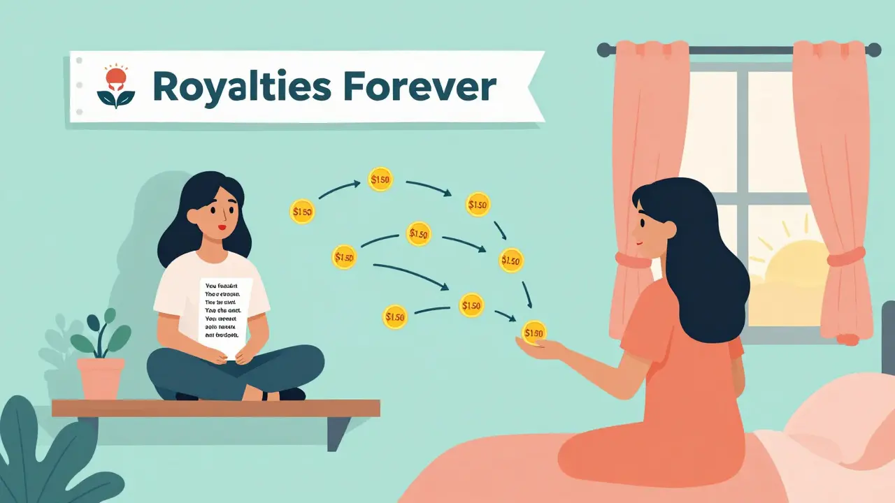 Poet receiving ongoing royalty payments from resold NFT poems, with arrows looping back to her.