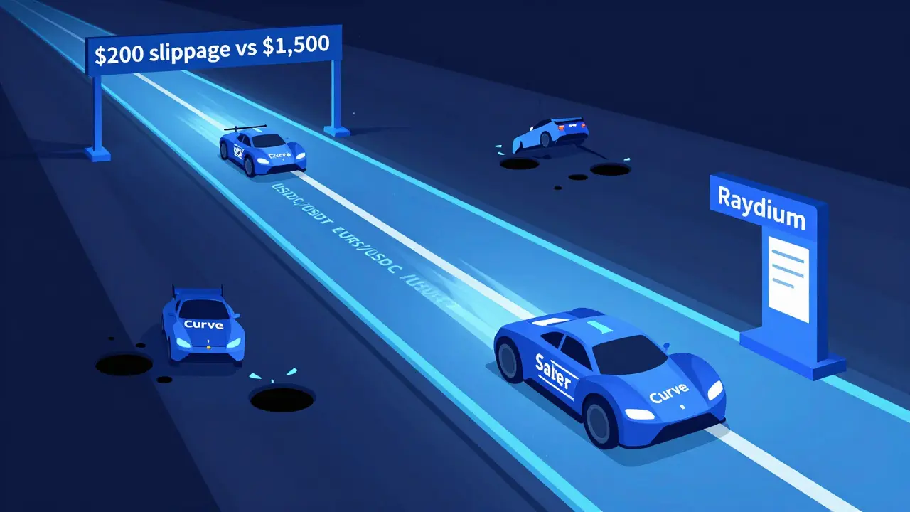 Race car named Saber DEX winning a stablecoin swap race against slower competitors.