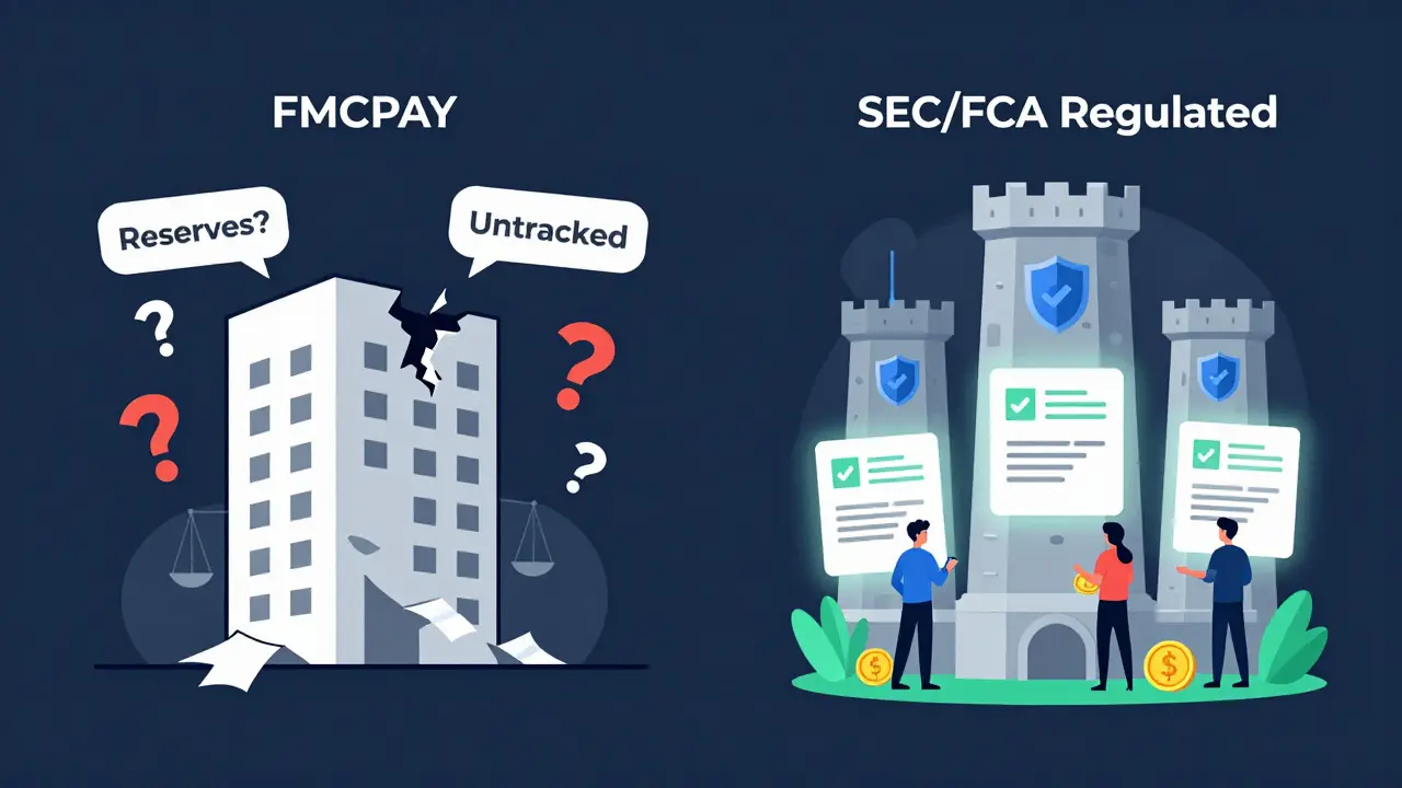 Side-by-side comparison: shaky FMCPAY building vs. solid regulated exchanges with audit reports.