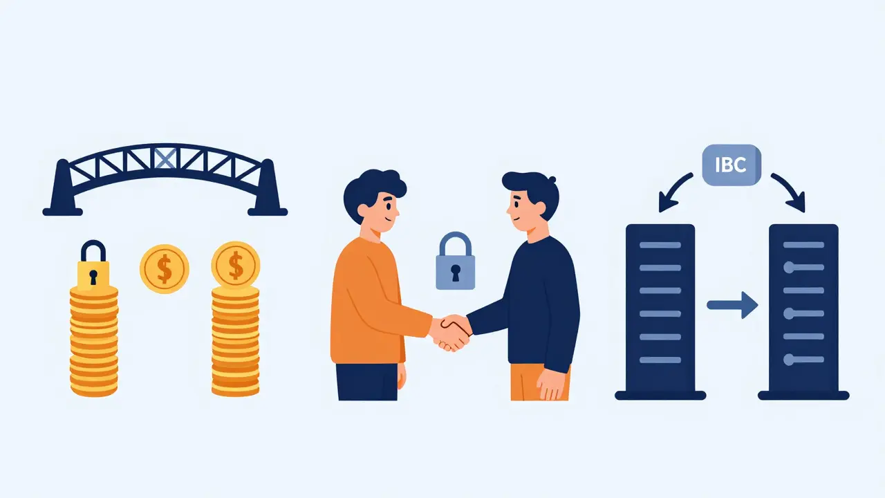 Three methods of cross-chain transfer illustrated with icons: bridge, handshake swap, and encrypted message exchange.