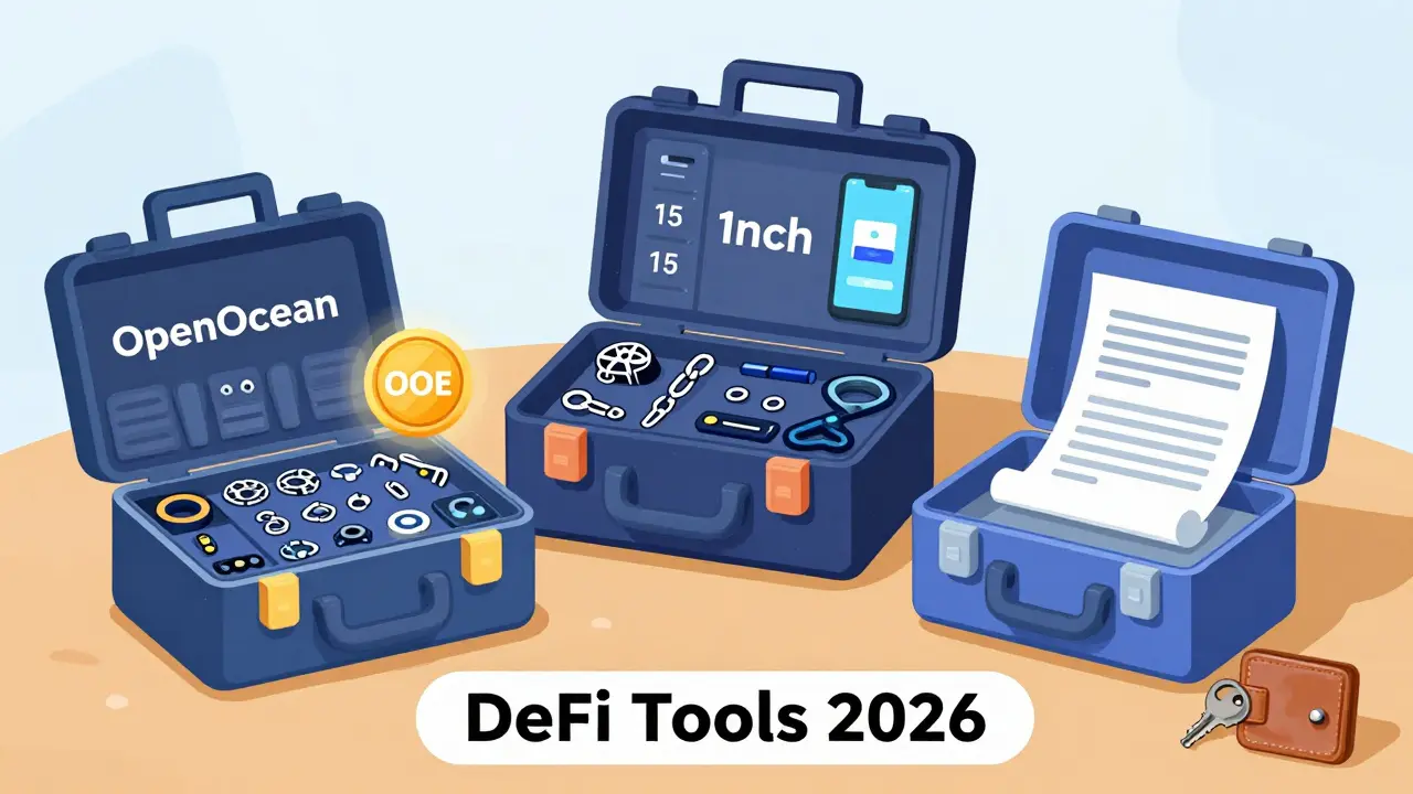 Three toolboxes representing OpenOcean, 1inch, and Matcha, highlighting chain coverage and gas refund feature.