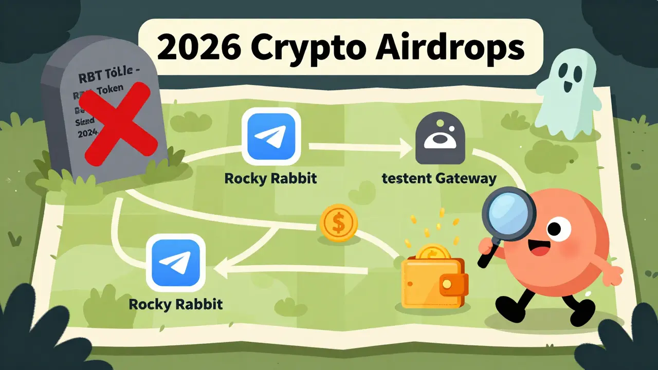 Treasure map showing dead RBT token with X, pointing to real 2026 airdrop opportunities.
