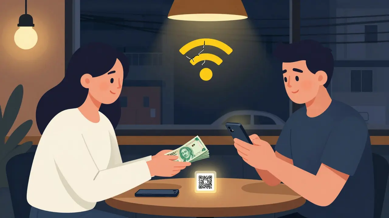 Two people exchanging cash for USDT via phone in a dim café with weak Wi-Fi signal.
