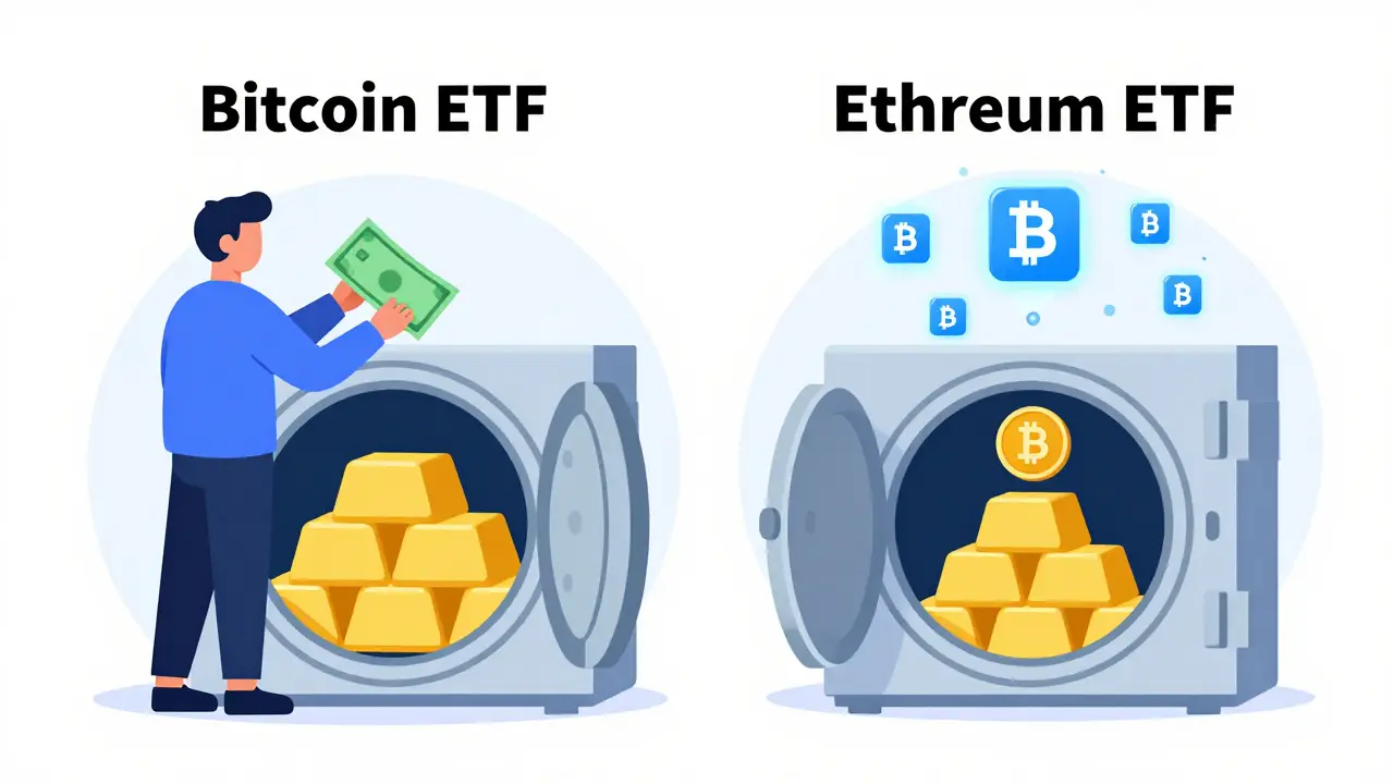 Two vaults: one for Bitcoin ETF with gold bars, one for Ethereum ETF with glowing smart contracts and staking rewards.