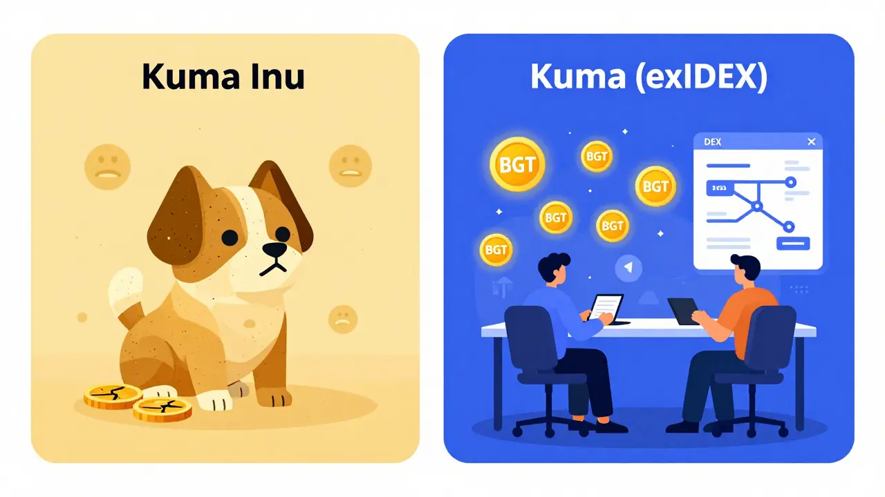 Two worlds: dead Kuma Inu token vs. active Kuma DEX with trading and BGT tokens, flat cartoon illustration.