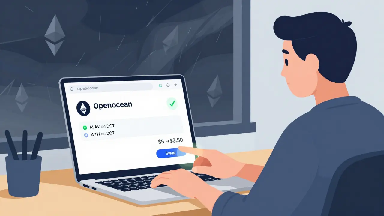 User clicking 'Swap' on OpenOcean interface with a visual route from AVAX to DOT and gas fee savings displayed.