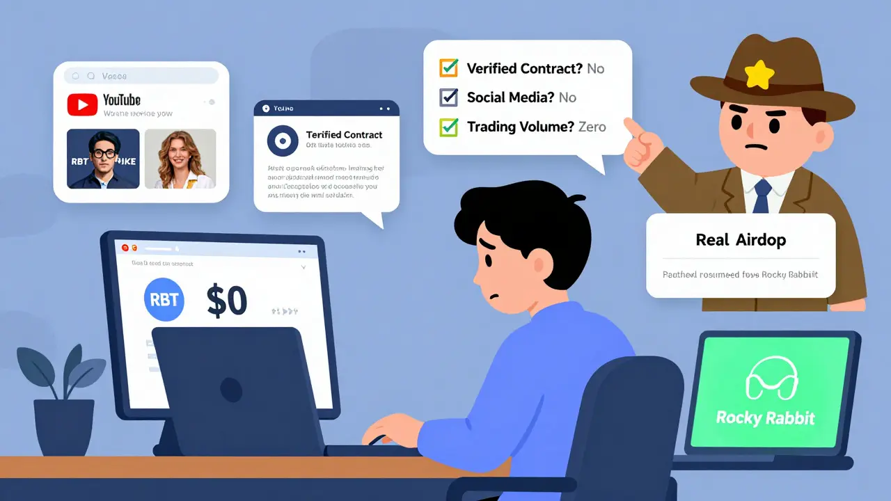 User confused by fake RBT airdrop claims, while real crypto projects shine on another screen.