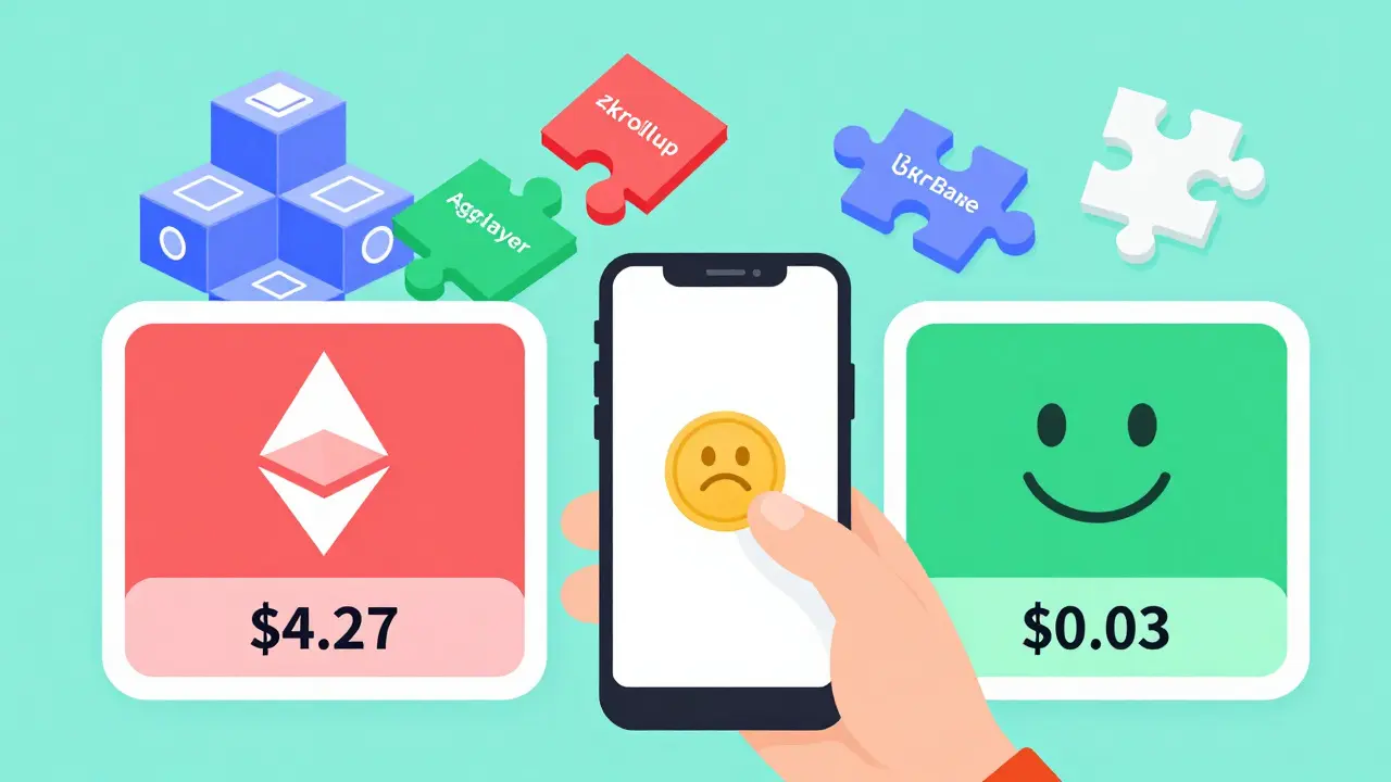 User swapping tokens with contrasting costs: .27 on Ethereum vs <h2>Security Risks: The Bridge Problem</h2>.03 on Base, shown in flat cartoon style.