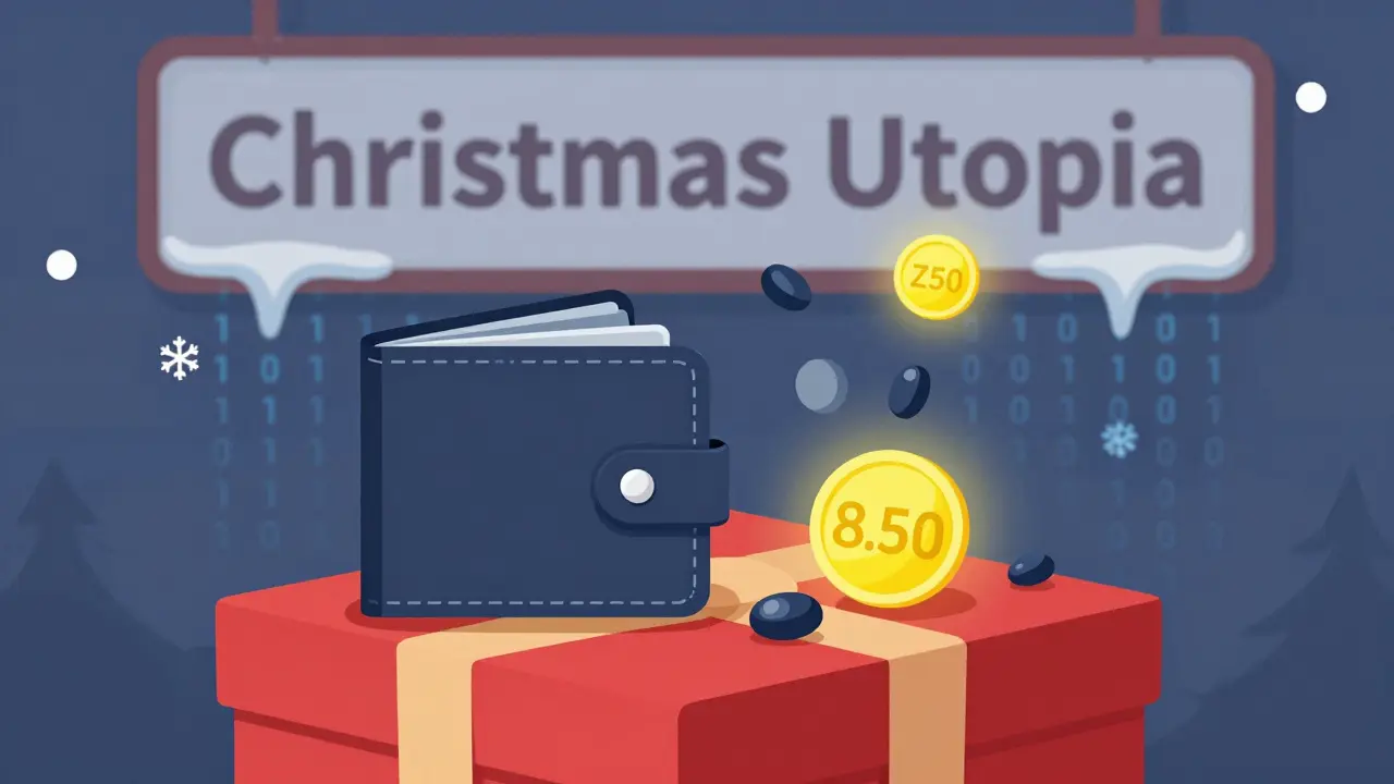 Wallet on gift box spilling ZOO tokens, one bright, others dim, melting snowflakes become code.