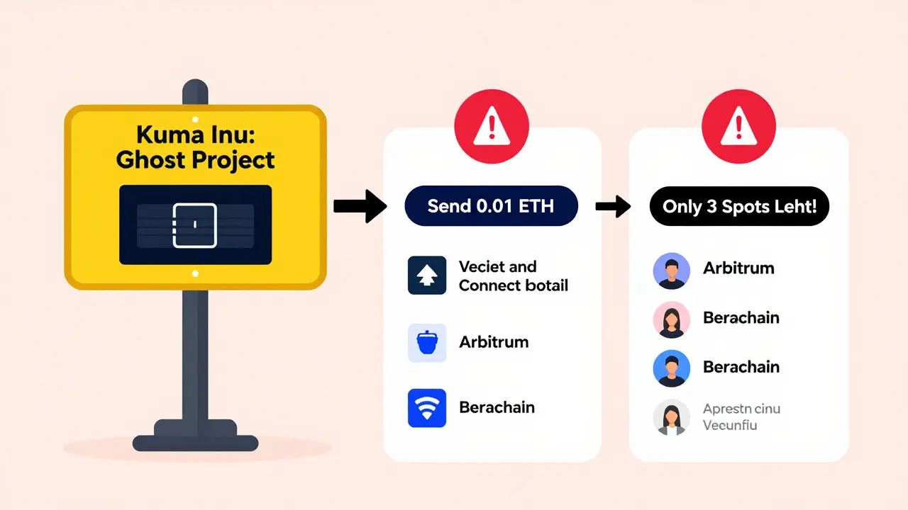 Warning signpost pointing to three crypto scam traps, safe path to real projects like Arbitrum and Berachain.