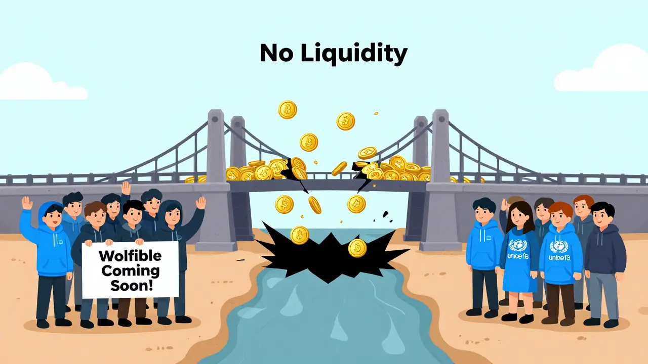 A bridge of WSPP tokens collapses into a void as anonymous developers wave goodbye, while legitimate charities remain stable.