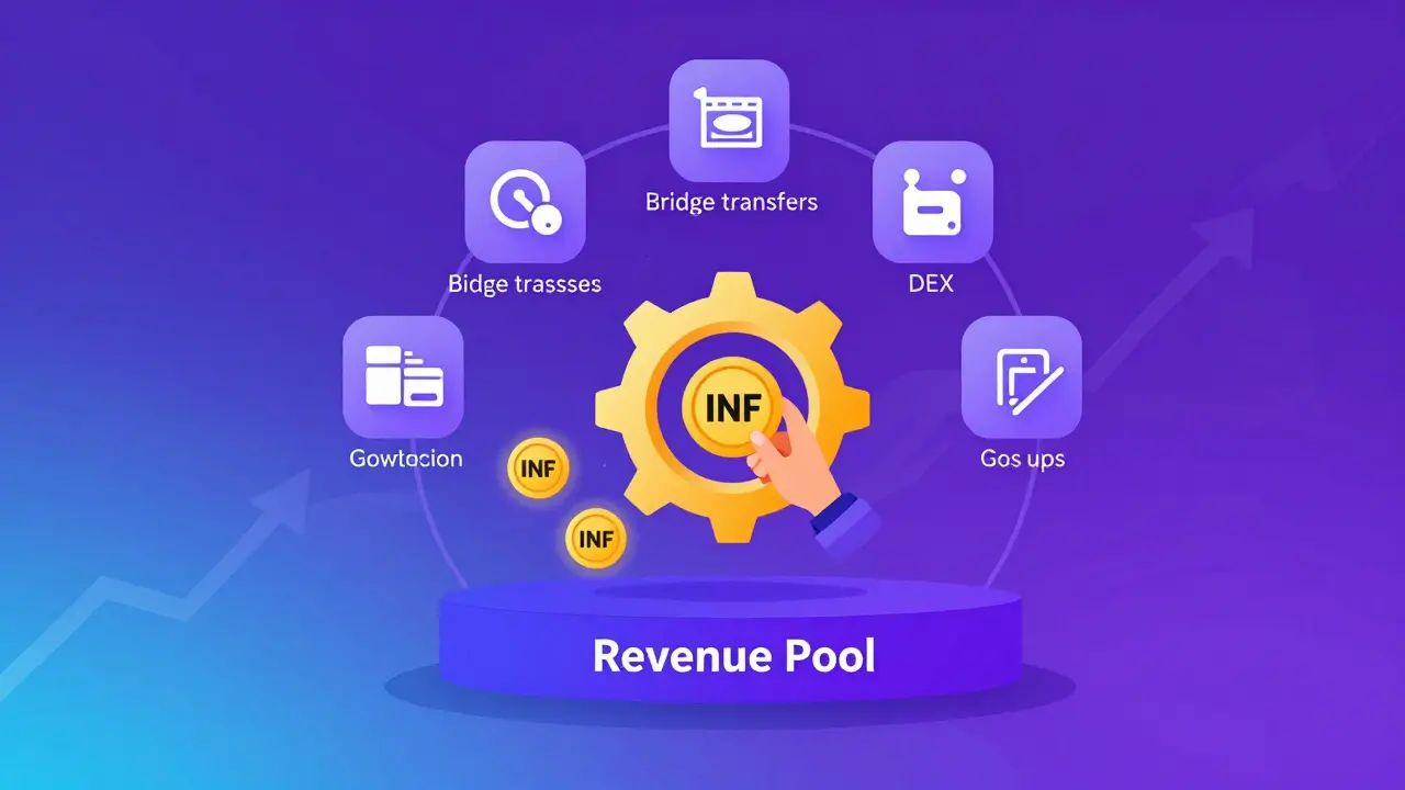 A circular flat illustration showing INF staking rewards generated by network fees, with icons for swaps, bridges, and gas feeding into a central revenue pool.