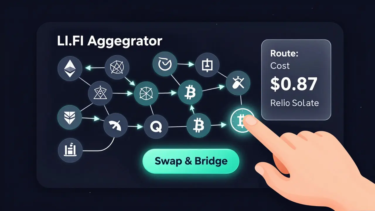 A dashboard interface showing LI.FI connecting multiple blockchains with one-click swap functionality.